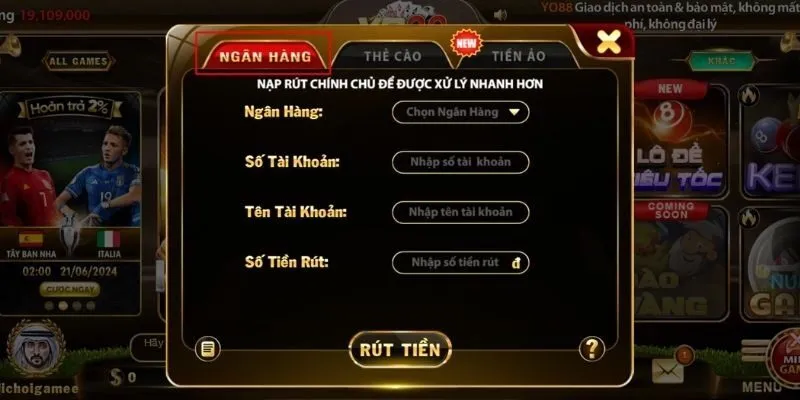 Rút tiền Yo88 qua phương thức ngân hàng